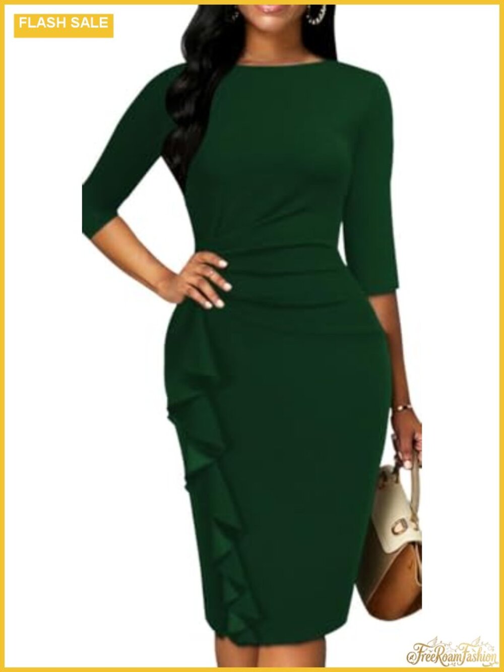 3/4 Sleeve Ruffle Bodycon Pencil Midi Dress for Women